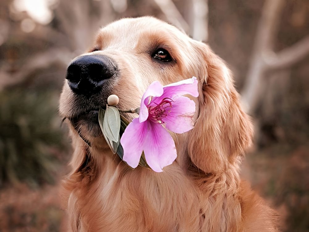 Planned Giving Golden Lab dog holding a pretty pink flower in his muzzle